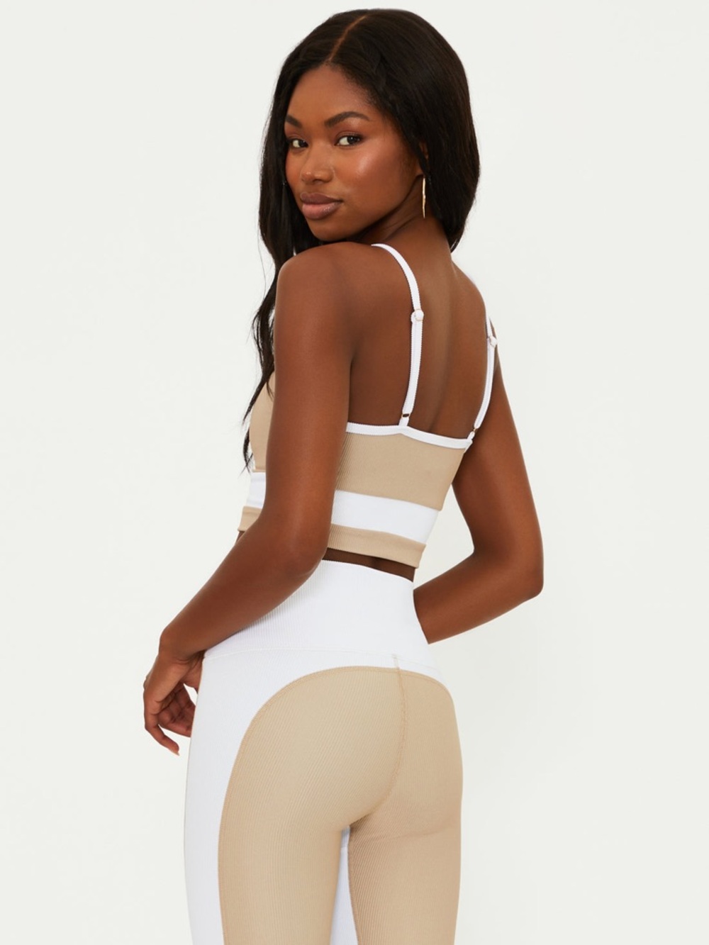 Beach Riot NWT Eva Ribbed Sports Bra / Bikini Top Tan White Colorblock Large - Picture 2 of 8